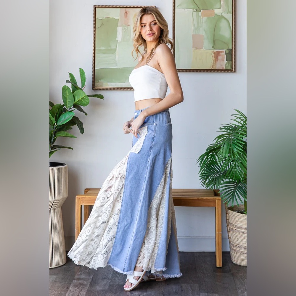 OLI & HALI Women’s Denim LACE INSERT DETAIL RUFFLE FLARE WIDE LEG PANTS - Picture 6 of 8